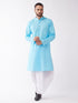 Men's Aqua Blue And White Cotton Blend Kurta And Dhoti Set